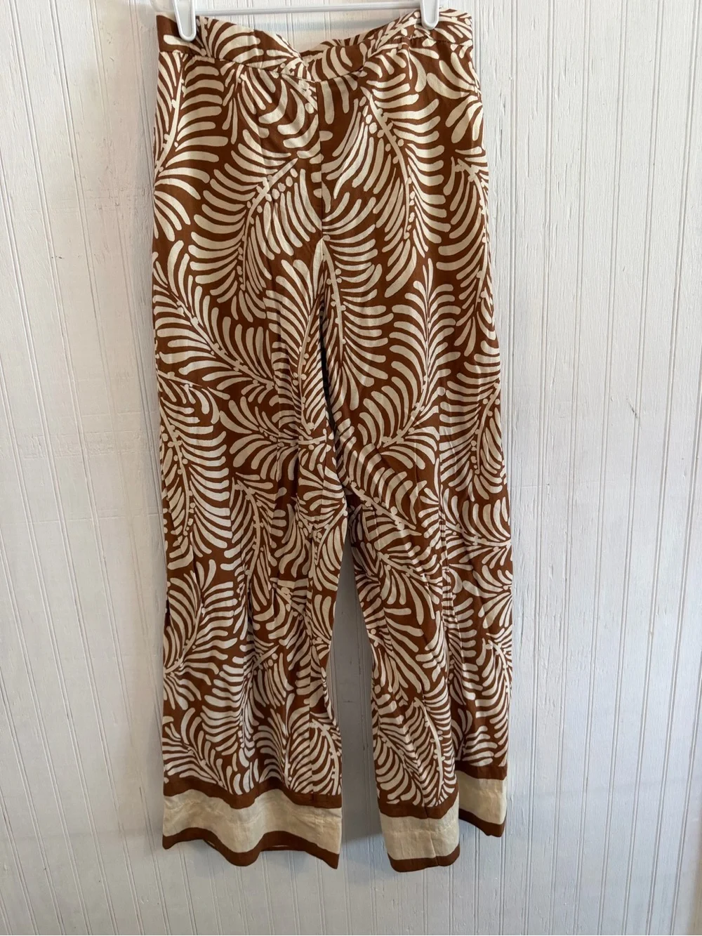 H&M, Wide Leg Printed Linen Pants - Brown & Cream